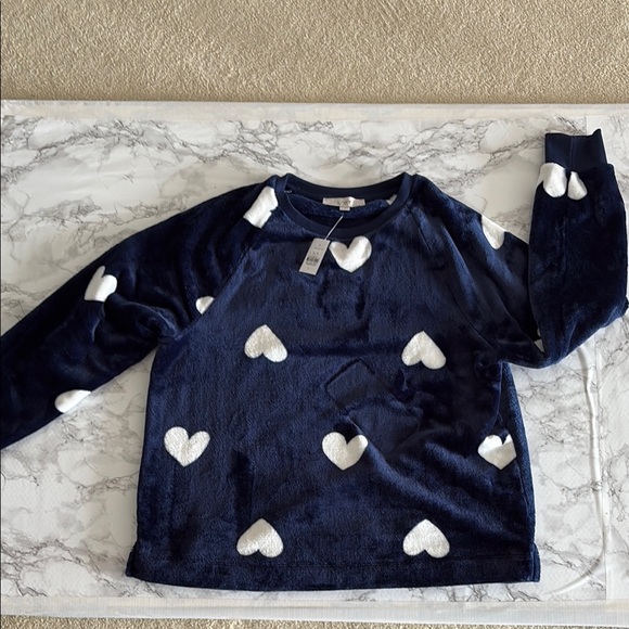 LOFT Navy Sweater with White Hearts (Large) - Picture 3 of 4